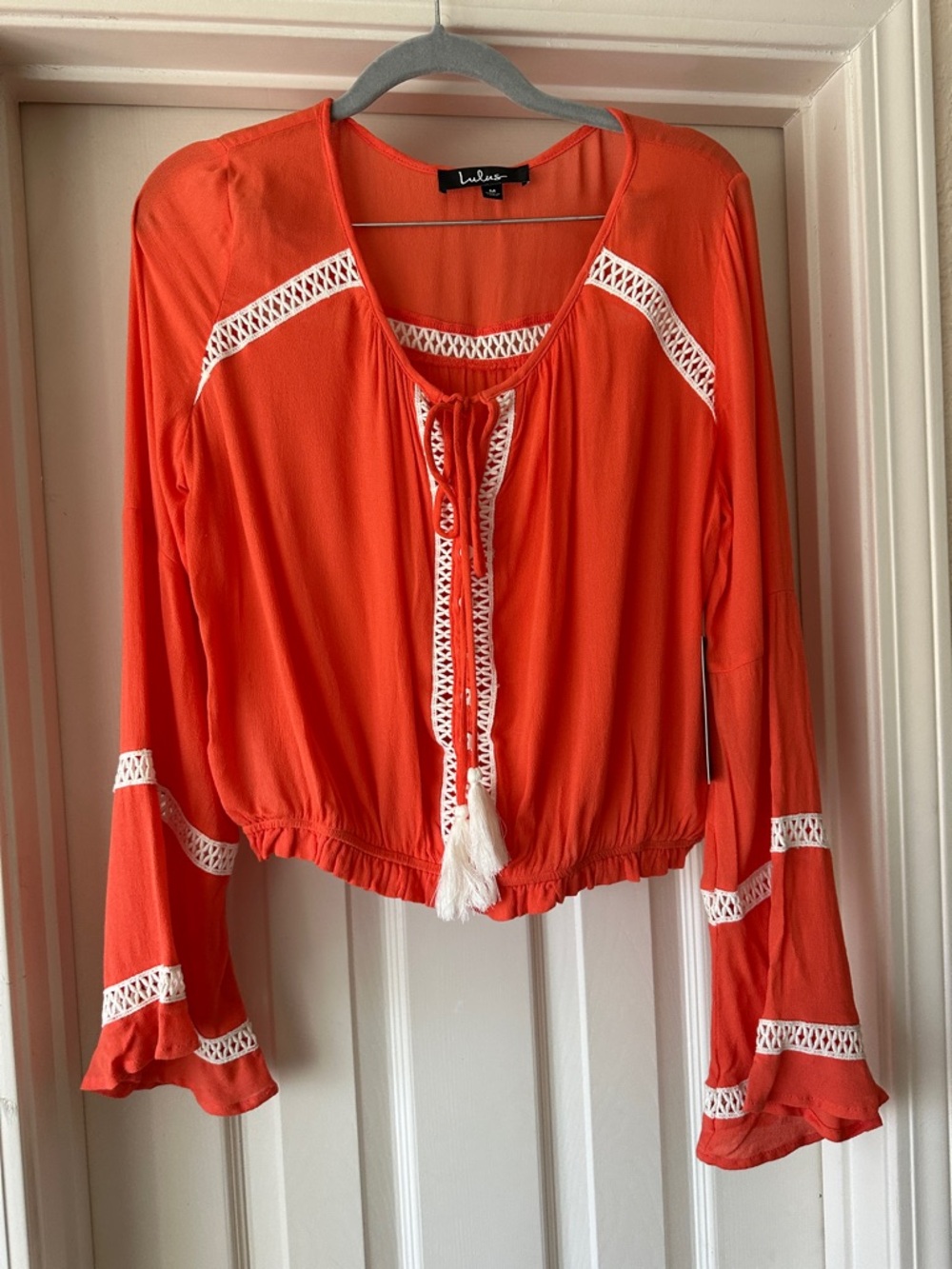 Lulu's Coral-Orange Crochet-Trim Tie-Front Peasant Blouse